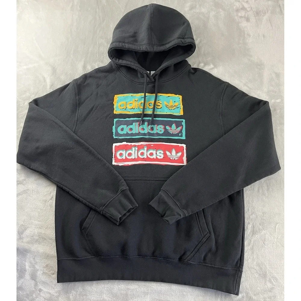 Adidas Hooded Men Large Black Fleece Trefoil Kangaroo ADIDAS Graphic Sweatshirt
